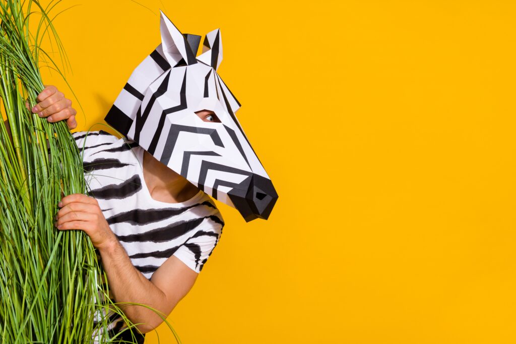 A person in a zebra headdress and zebra print shirt hiding behind grass with a yellow background